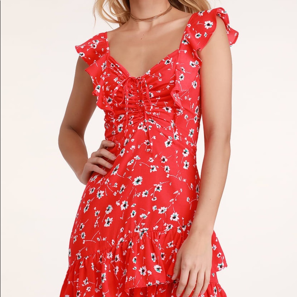 Lulu’s red floral flutter sleeve dress